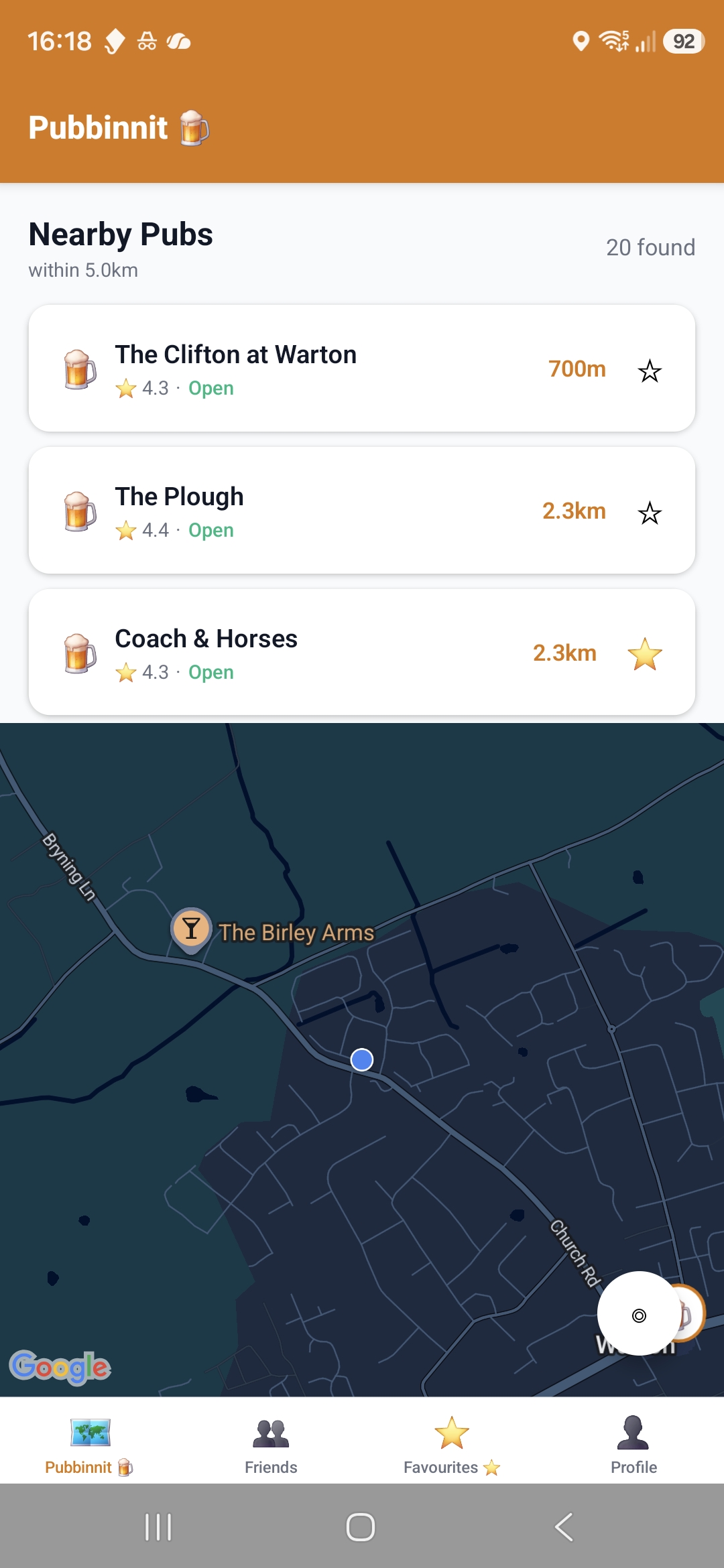 Pubbinnit app showing friends at the pub